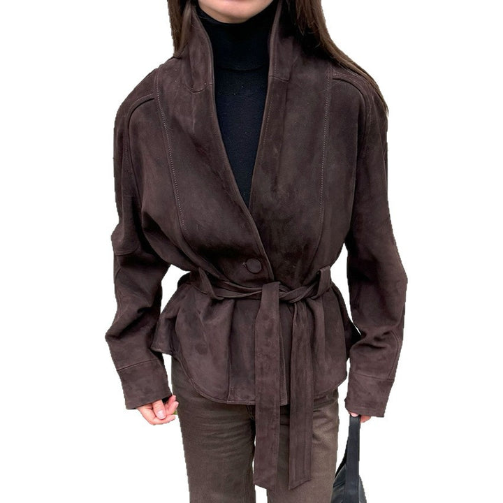 Women Velvet Leather Jacket with Shawl Collar and Tie Belt Mune Fashion