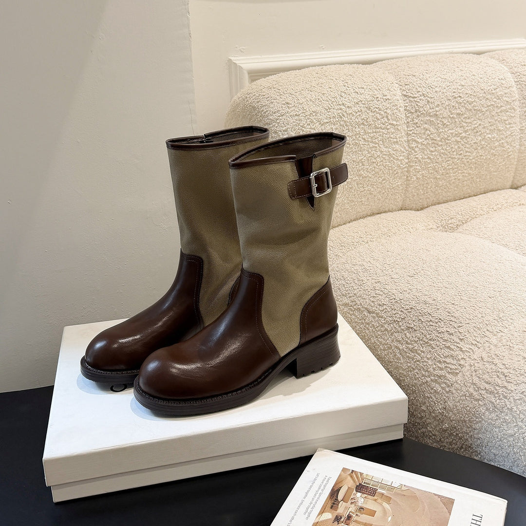 Women Mid-Calf Boots made of smooth leather and canvas with decorative buckle straps Mune Fashion