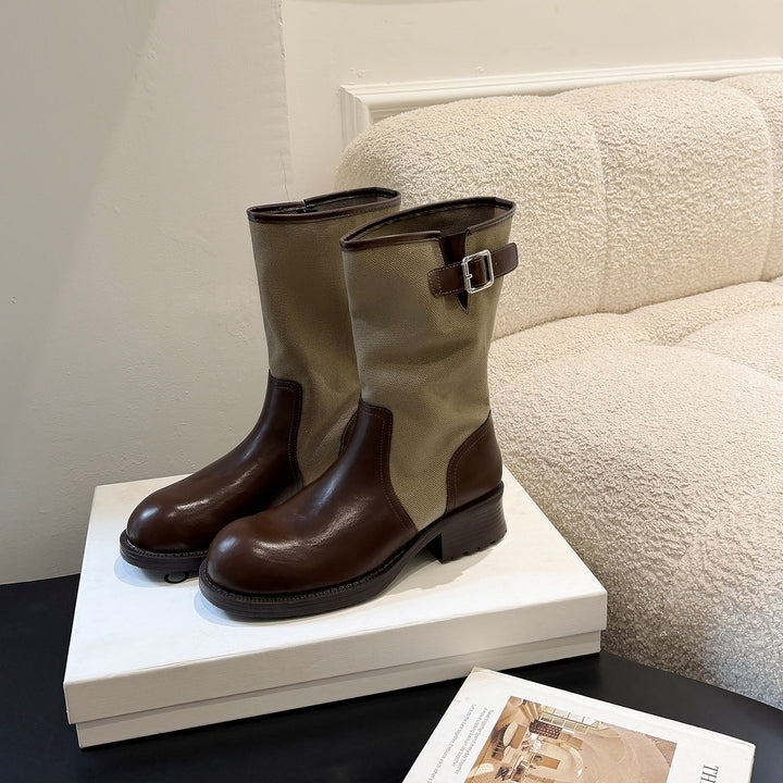 Women Mid-Calf Boots made of smooth leather and canvas with decorative buckle straps Mune Fashion