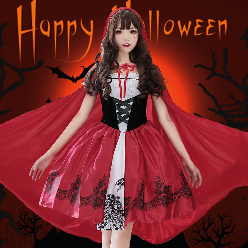 Women Fairy Tale Little Red Riding Hood Costume with Voluminous Overskirt and Hood Mune Fashion