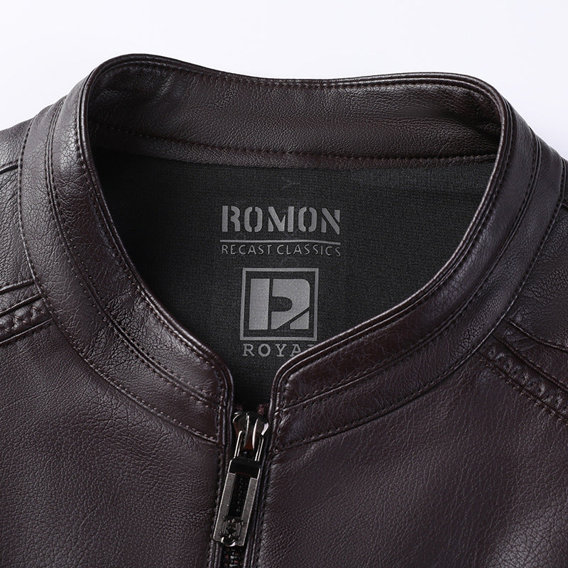 Men's Slim Leather Jacket in Rider Look with Stand Collar and Two-Way Zipper Mune Fashion