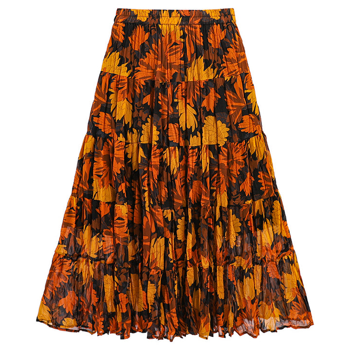 Women's flowing midi maxi skirt with multi-layered tiered design and fine pleated look Mune Fashion