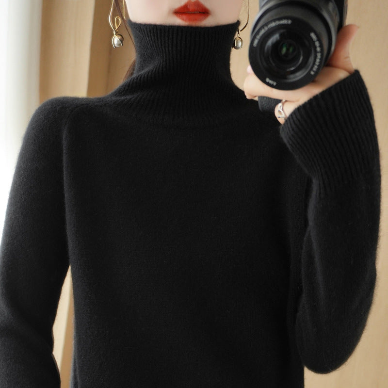 Women's Luxury Fine Knit Turtleneck Sweater with Thumbhole Cuffs and Feminine Shoulder Yoke Mune Fashion