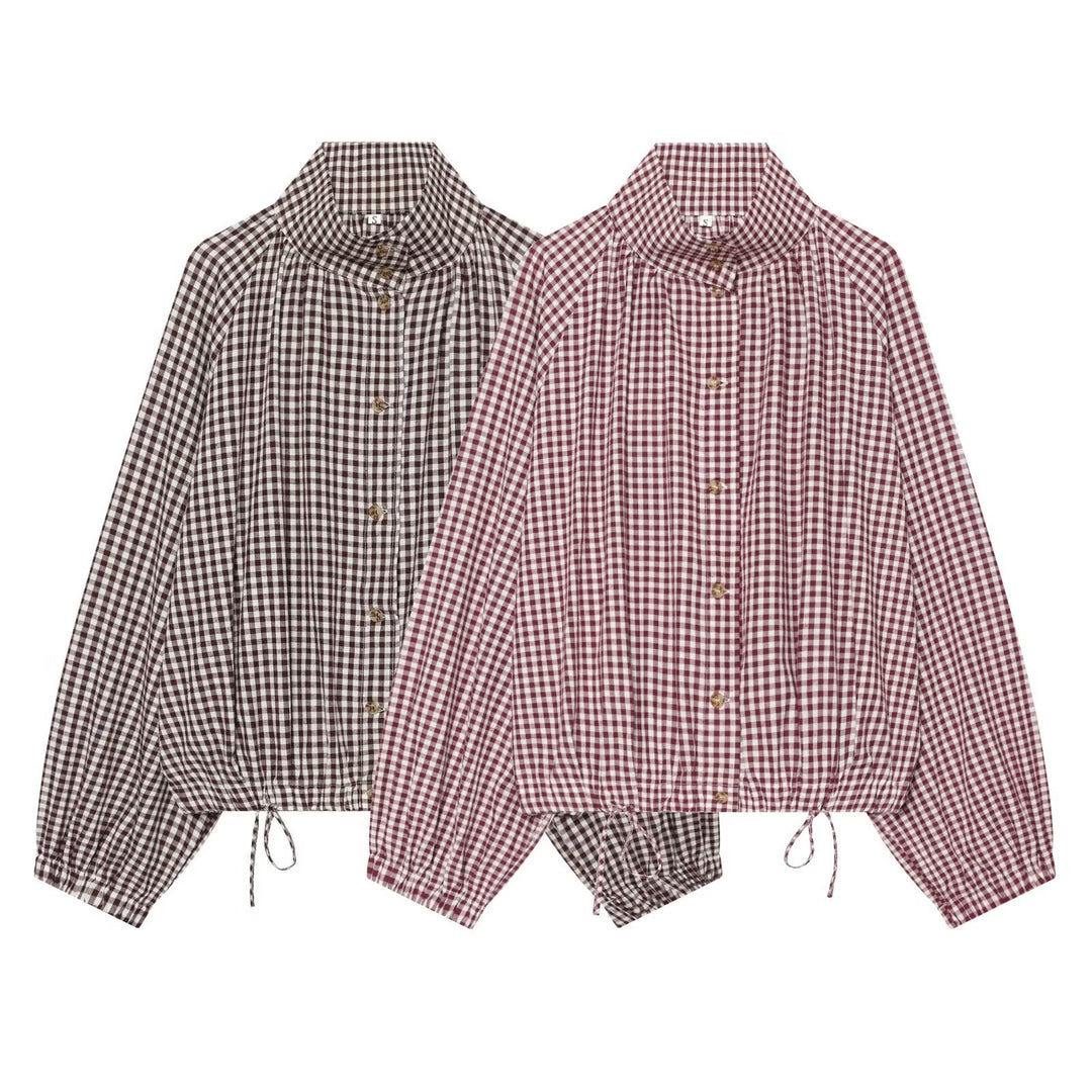 Women checked blouse with stand-up collar and drawstring hem Mune Fashion