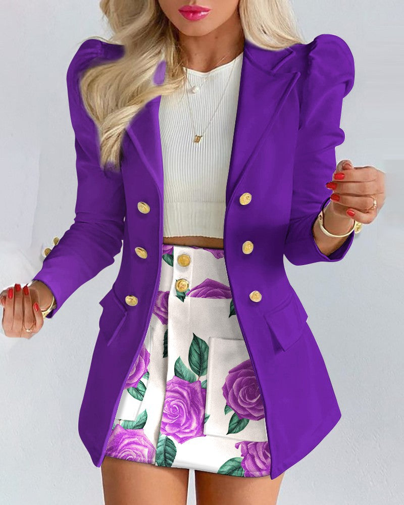Women Two-piece checked blazer and mini skirt set with accentuated puff sleeves and gold buttons Mune Fashion