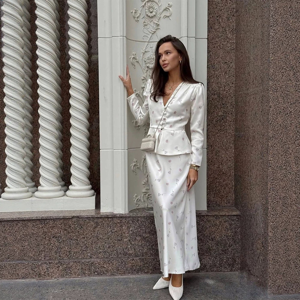 Women's Two-Piece Tailored Blouse and Maxi Skirt Set with V-Neck and Button Details Mune Fashion