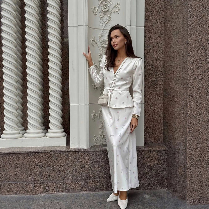 Women's Two-Piece Tailored Blouse and Maxi Skirt Set with V-Neck and Button Details Mune Fashion