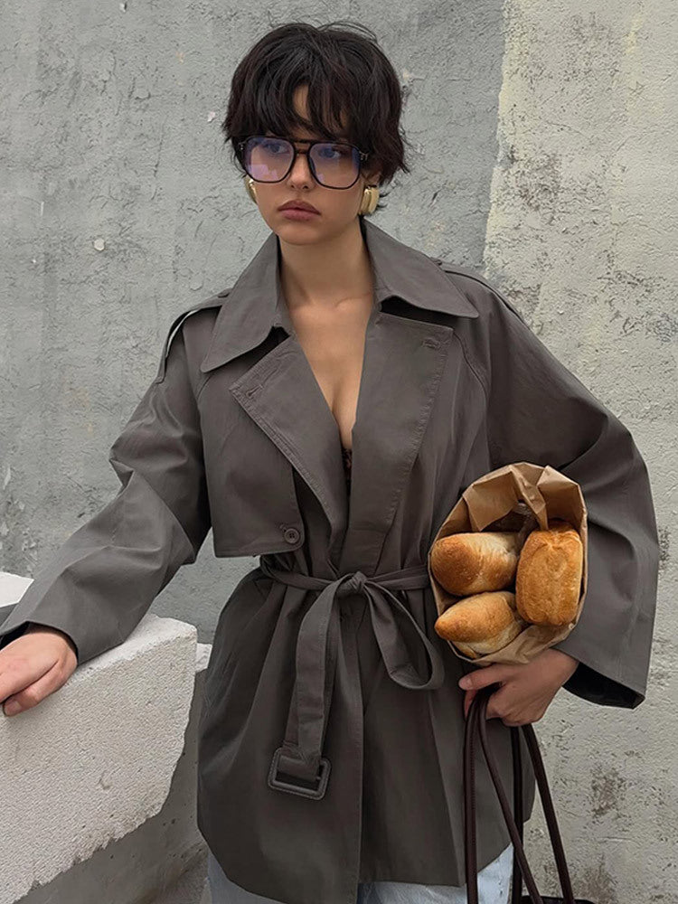 Women Short Trench Coat with Tied Belt and Oversized Sleeves Mune Fashion