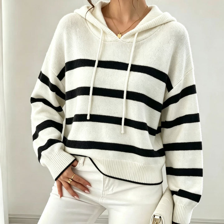 Women's hooded knit sweater in maritime look with ribbed hem and relaxed fit Mune Fashion