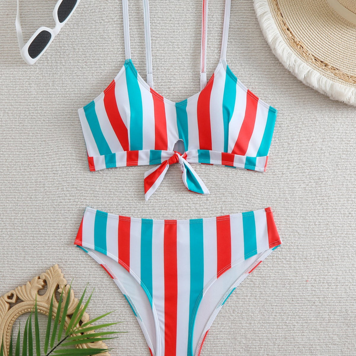 Ladies bikini set with fashionable knot and colorful striped pattern Mune Fashion