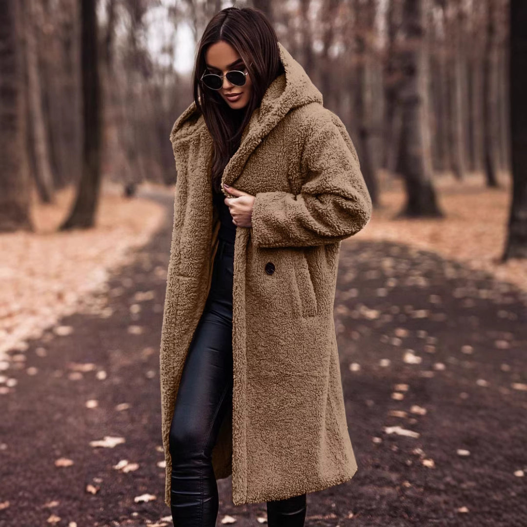 Women oversized teddy coat with hood and button closure Mune Fashion