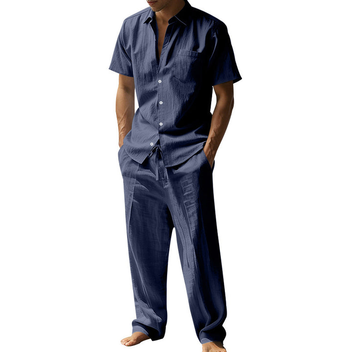 Men's resort-appropriate short-sleeve shirt with chest pocket and casual linen drawstring pants Mune Fashion