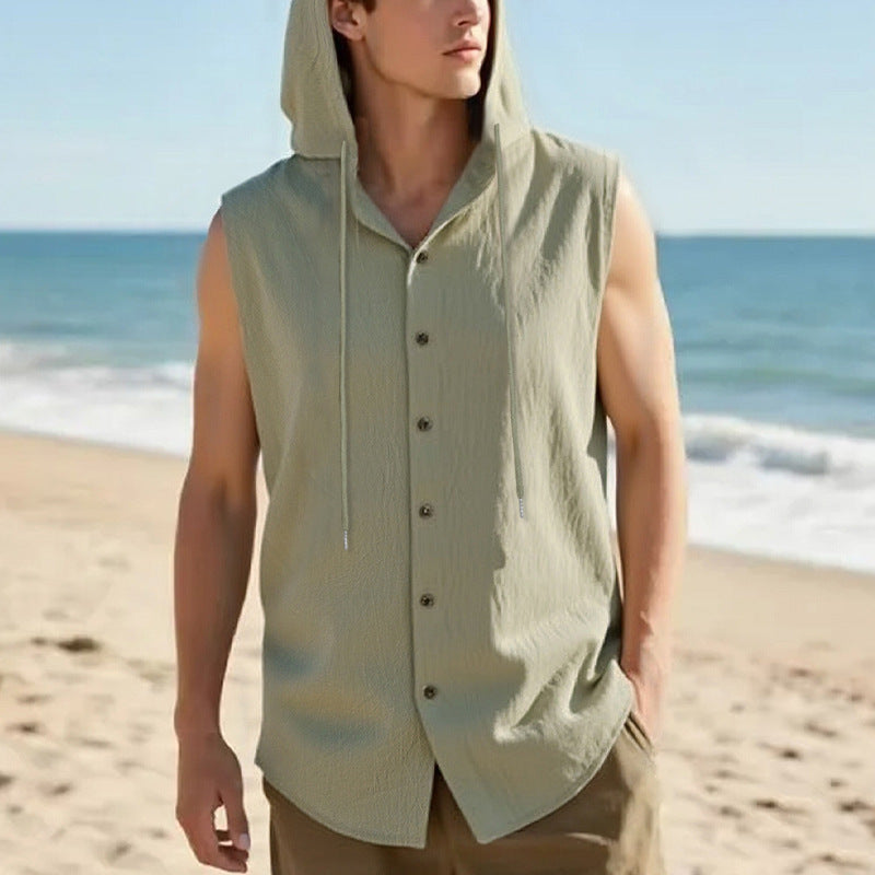 Men's sleeveless hooded shirt in linen look with wooden button placket Mune Fashion