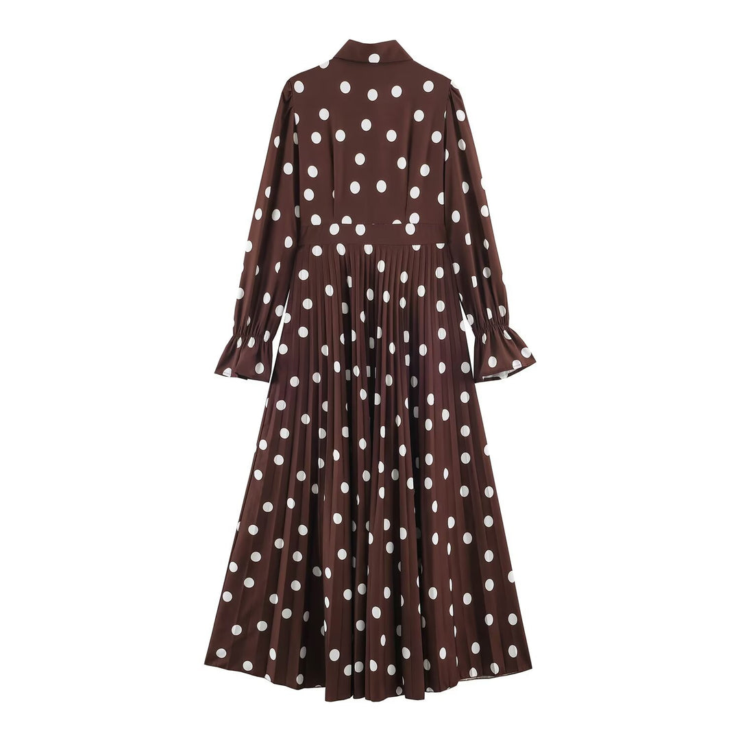 Women's Pleated Midi Dress in Shirt Blouse Style with Waist Seam and Ruffled Cuffs
