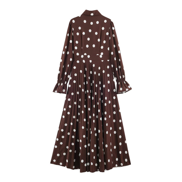 Women's Pleated Midi Dress in Shirt Blouse Style with Waist Seam and Ruffled Cuffs