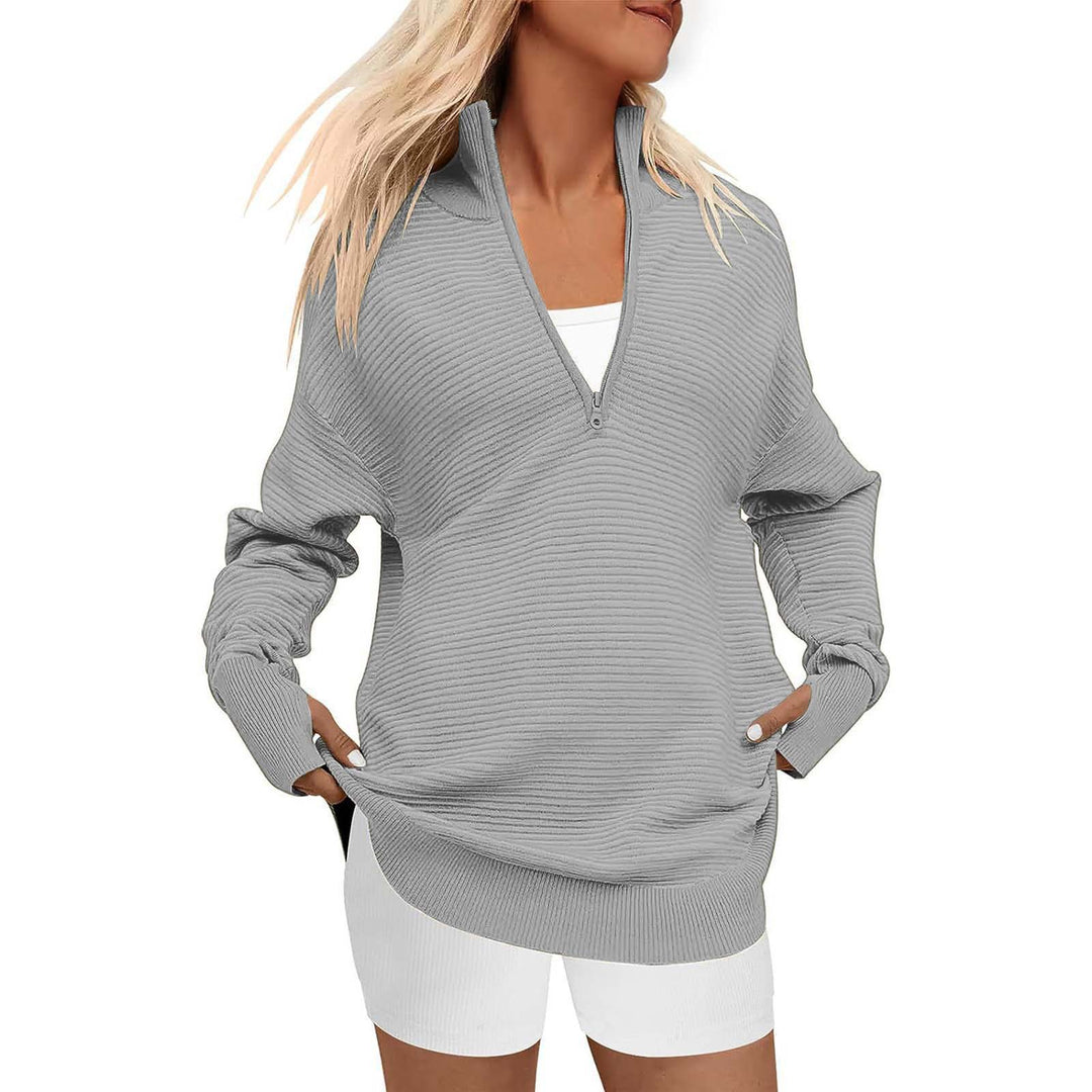 Ladies Oversized Fine Knit Sweater with Half Zipper, Stand Collar and Thumb Hole Sleeves Mune Fashion