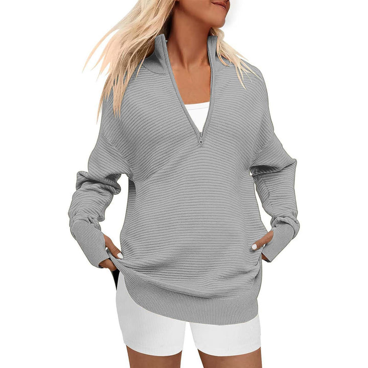 Ladies Oversized Fine Knit Sweater with Half Zipper, Stand Collar and Thumb Hole Sleeves Mune Fashion
