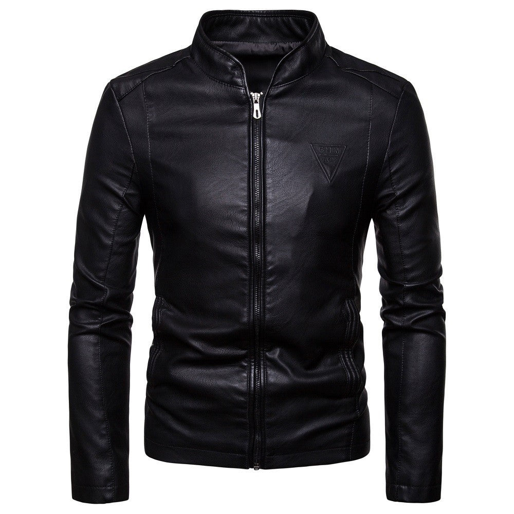 Men's Slim-Fit Faux Leather Jacket in Biker Style with Stand Collar and Front Zipper Mune Fashion