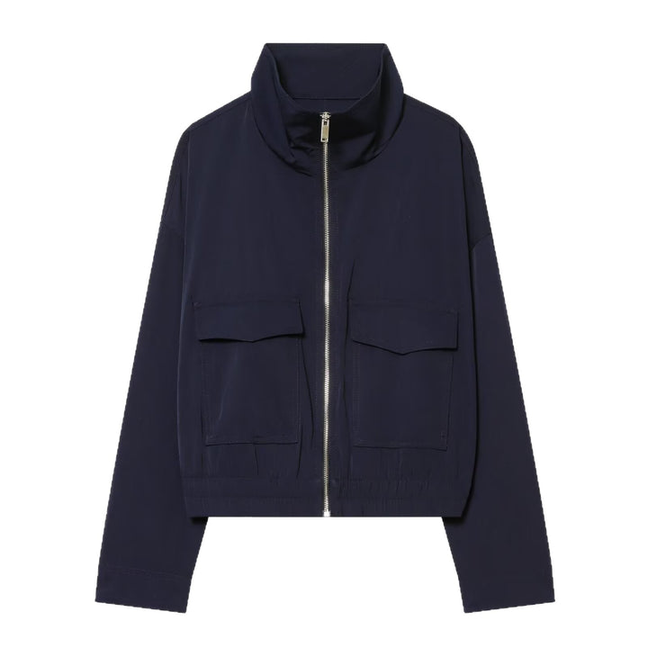 Women's Short Bomber Jacket with Stand-Up Collar, Zipper and Chest Flap Pockets Mune Fashion