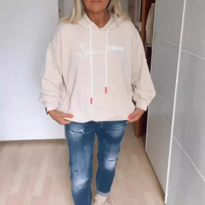 Women casual hoodie with minimalist line graphic, drawstring and ribbed hem Mune Fashion