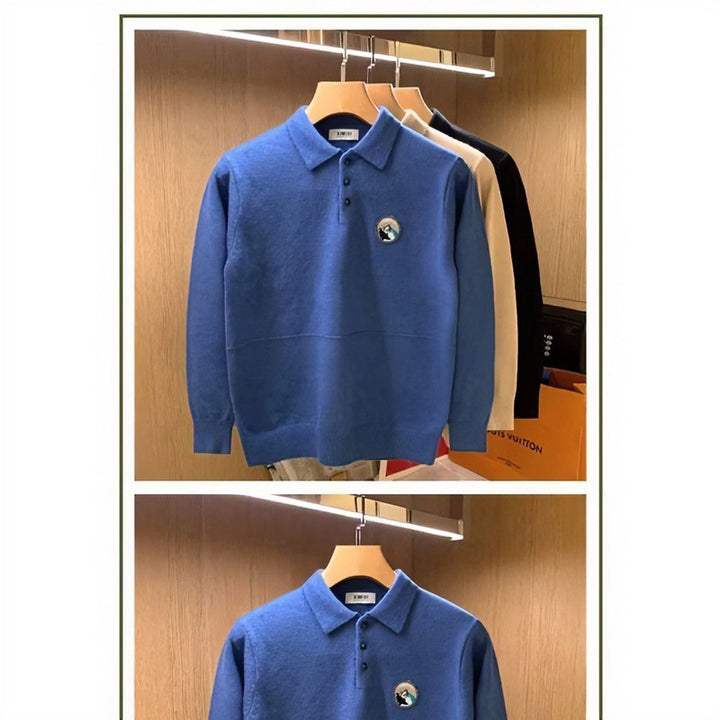 Men's polo collar sweater made of soft fluffy knit with logo patch Mune Fashion