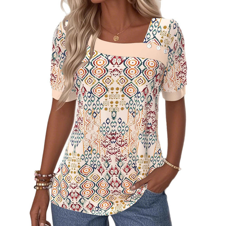 Women nan lightweight Boho blouse shirt with square neckline, decorative button placket and curved hem Mune Fashion