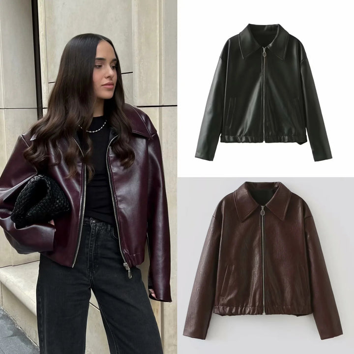 Women nan tailored faux leather jacket with full zipper and elastic hem Mune Fashion