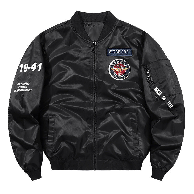 Men's Lightweight Nylon Bomber Jacket in Aviator Style with Patch Details and Arm Pocket Mune Fashion