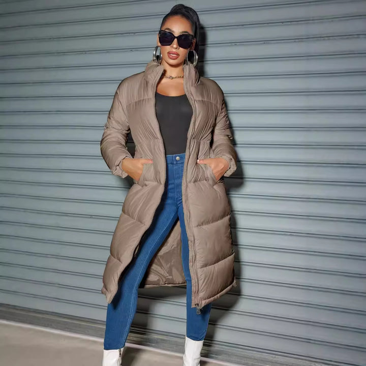 Women's Longer Quilted Puffer Coat with High Stand Collar Mune Fashion