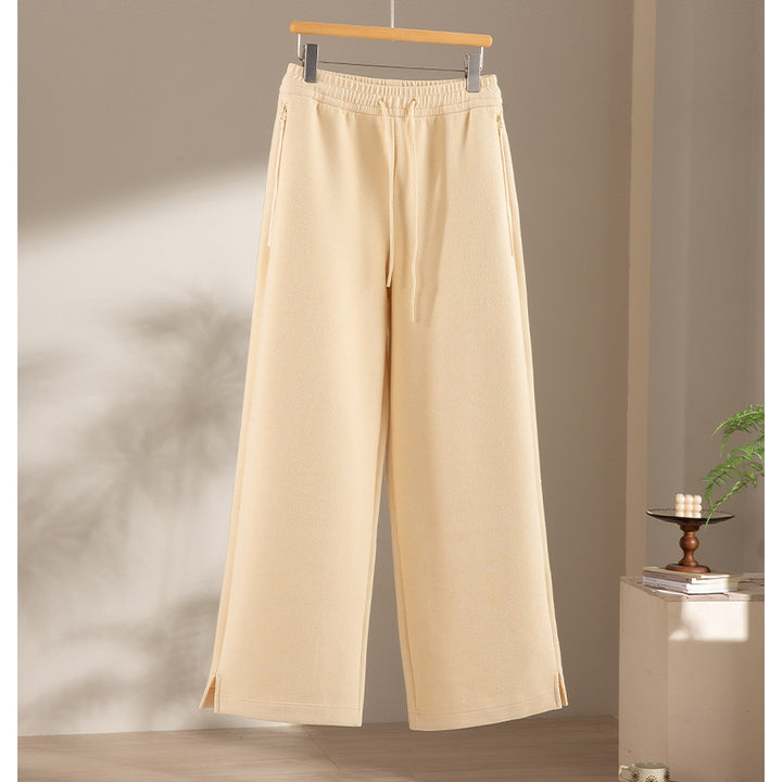 Ladies Wide Highwaist Sweatpants with Drawstring, Side Pockets and Hem Slit Mune Fashion