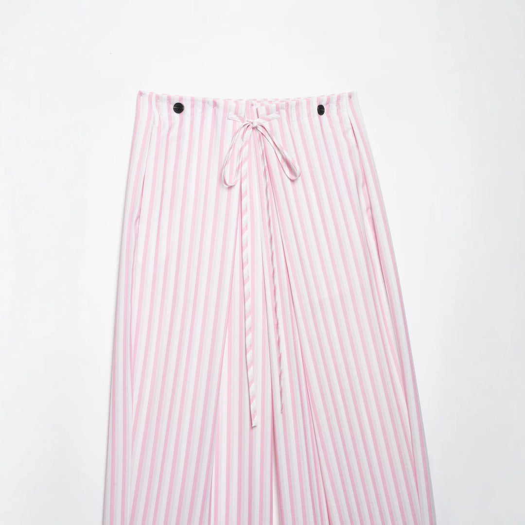 Ladies Light Highwaist Palazzo Pants with Wide Leg, Drawstring and Vertical Stripe Pattern Drune