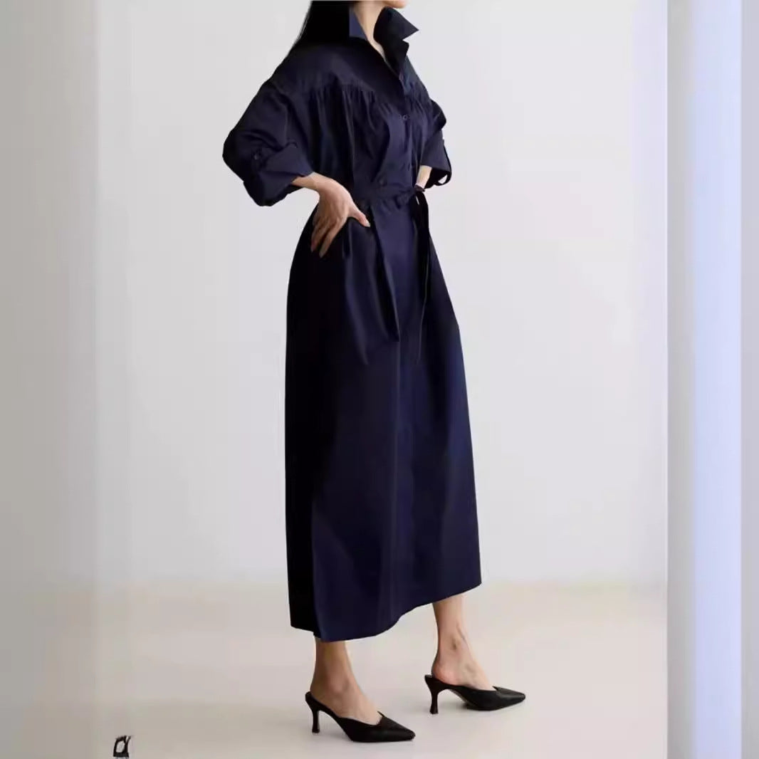 Women Long Sleeve Shirt Blouse Maxi Dress with Structured Shoulder Yoke and Tie Belt Mune Fashion
