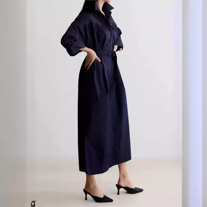 Women Long Sleeve Shirt Blouse Maxi Dress with Structured Shoulder Yoke and Tie Belt Mune Fashion