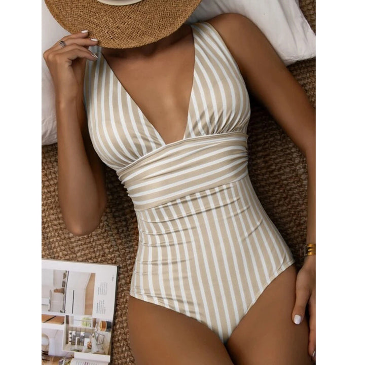 Women's One-Piece Swimsuit with Deep V-Neck and Fashionable Stripes Mune Fashion
