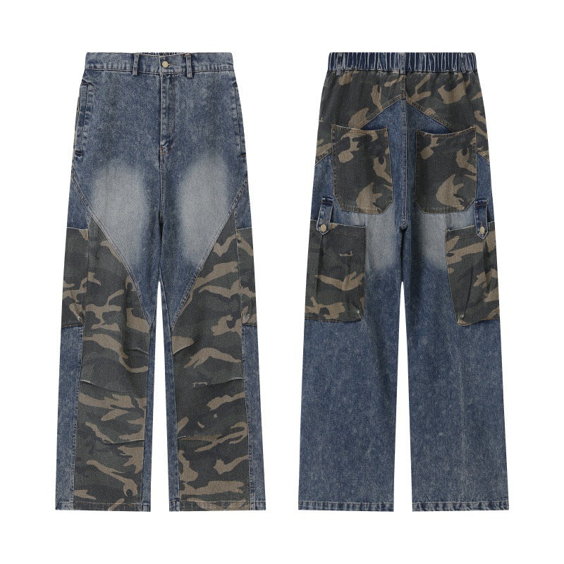 Women Wide High-Waist Denim Cargo Pants with Camouflage Inserts Mune Fashion