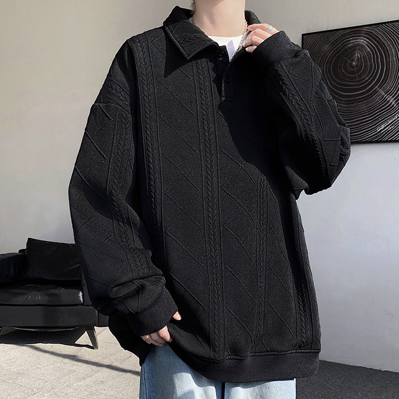 Men's Oversize Polo Knit Sweater with Diamond and Cable Knit Structure Mune Fashion