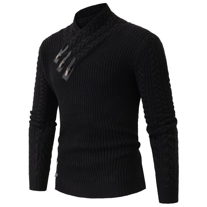 Men's knitted sweater with shawl collar, cable pattern, and distinctive buckle closures Mune Fashion