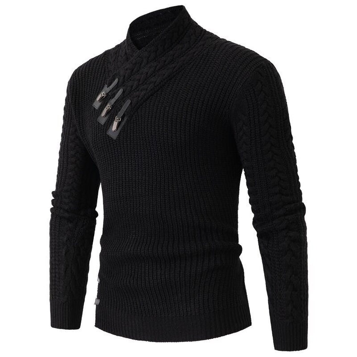 Men's knitted sweater with shawl collar, cable pattern, and distinctive buckle closures Mune Fashion