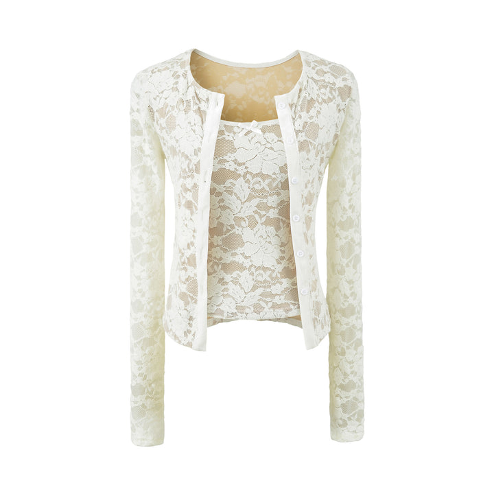 Ladies Fine Lace Cardigan with Matching Under Top and Velvet Trim Mune Fashion