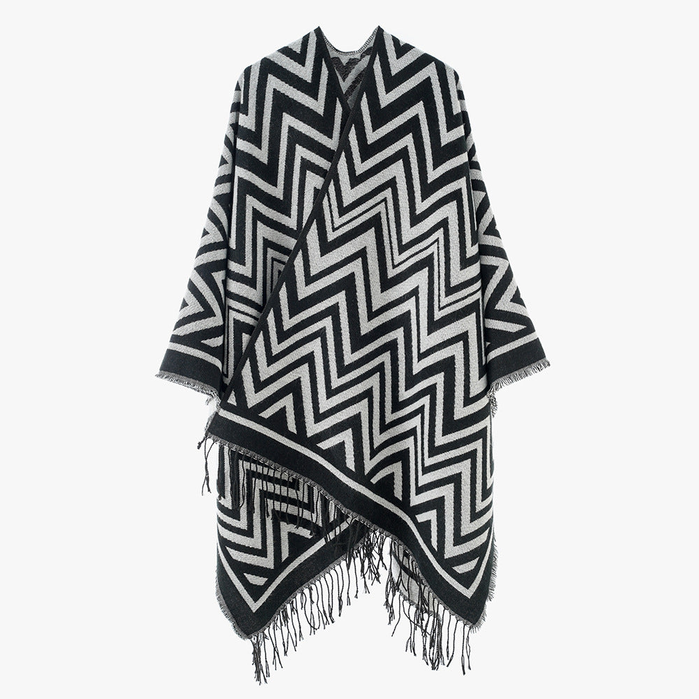 Women's Rectangular Zigzag Wool Blend Wrap with Fringe Hem and Open Fall Mune Fashion