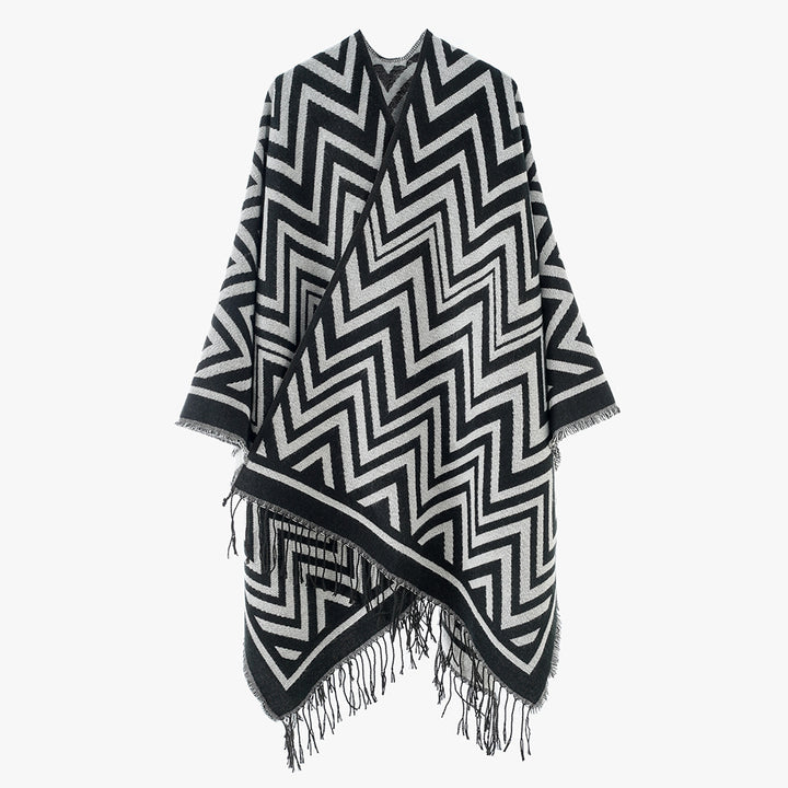 Women's Rectangular Zigzag Wool Blend Wrap with Fringe Hem and Open Fall Mune Fashion