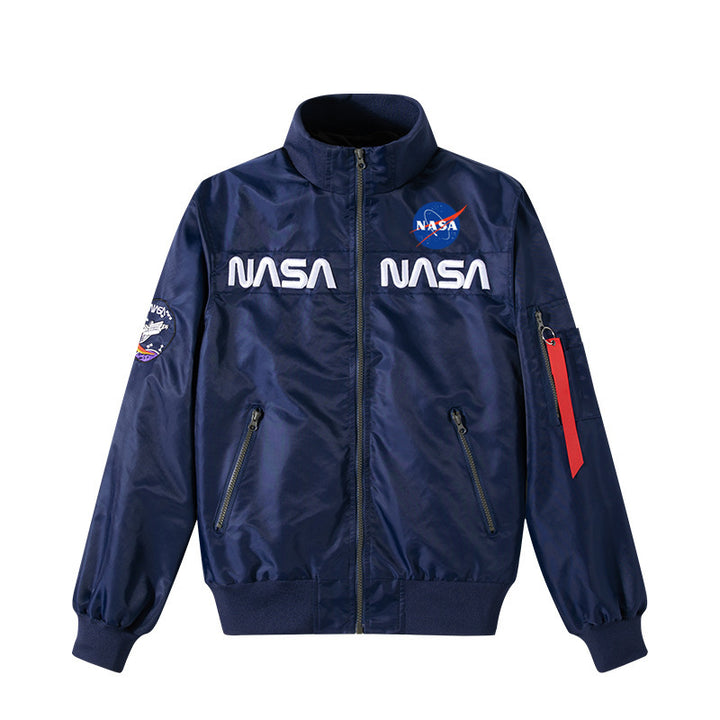 Men's  retro space-logo nylon zip bomber with angled zip pockets and utility sleeve tab Mune Fashion