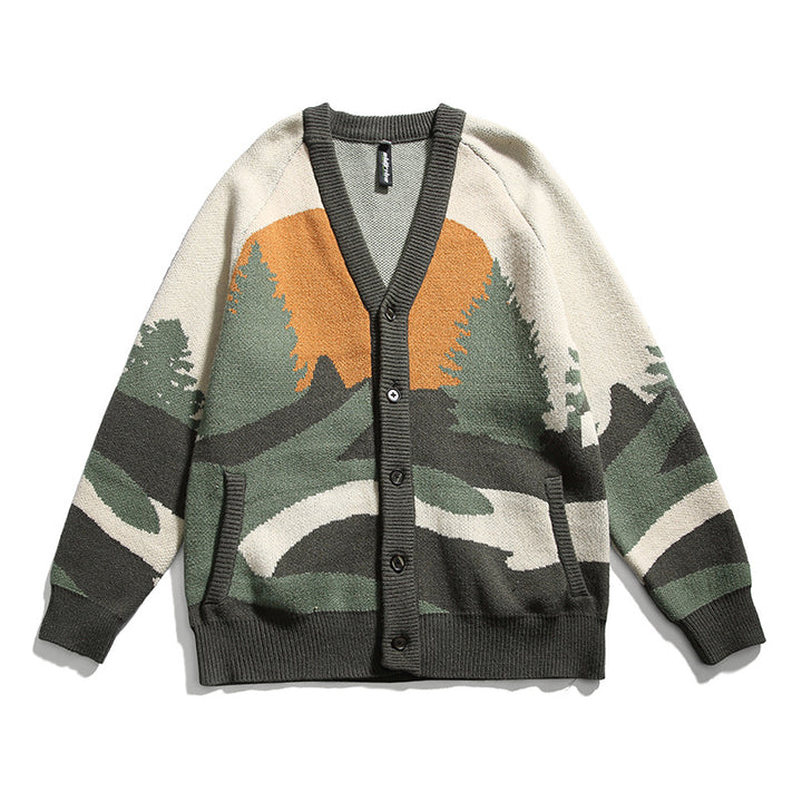 Unisex Chunky Knit V-Neck Cardigan with Landscape Jacquard Pattern and Patch Pockets Mune Fashion