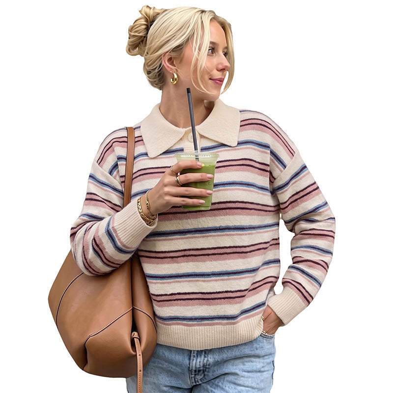 Women's Casual Knit Sweater with Polo Collar and Stripes Mune Fashion