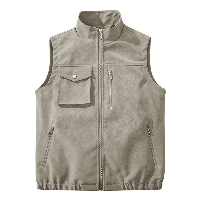 Men's utility vest in velour look with stand-up collar, multi pockets, and full zip Mune Fashion