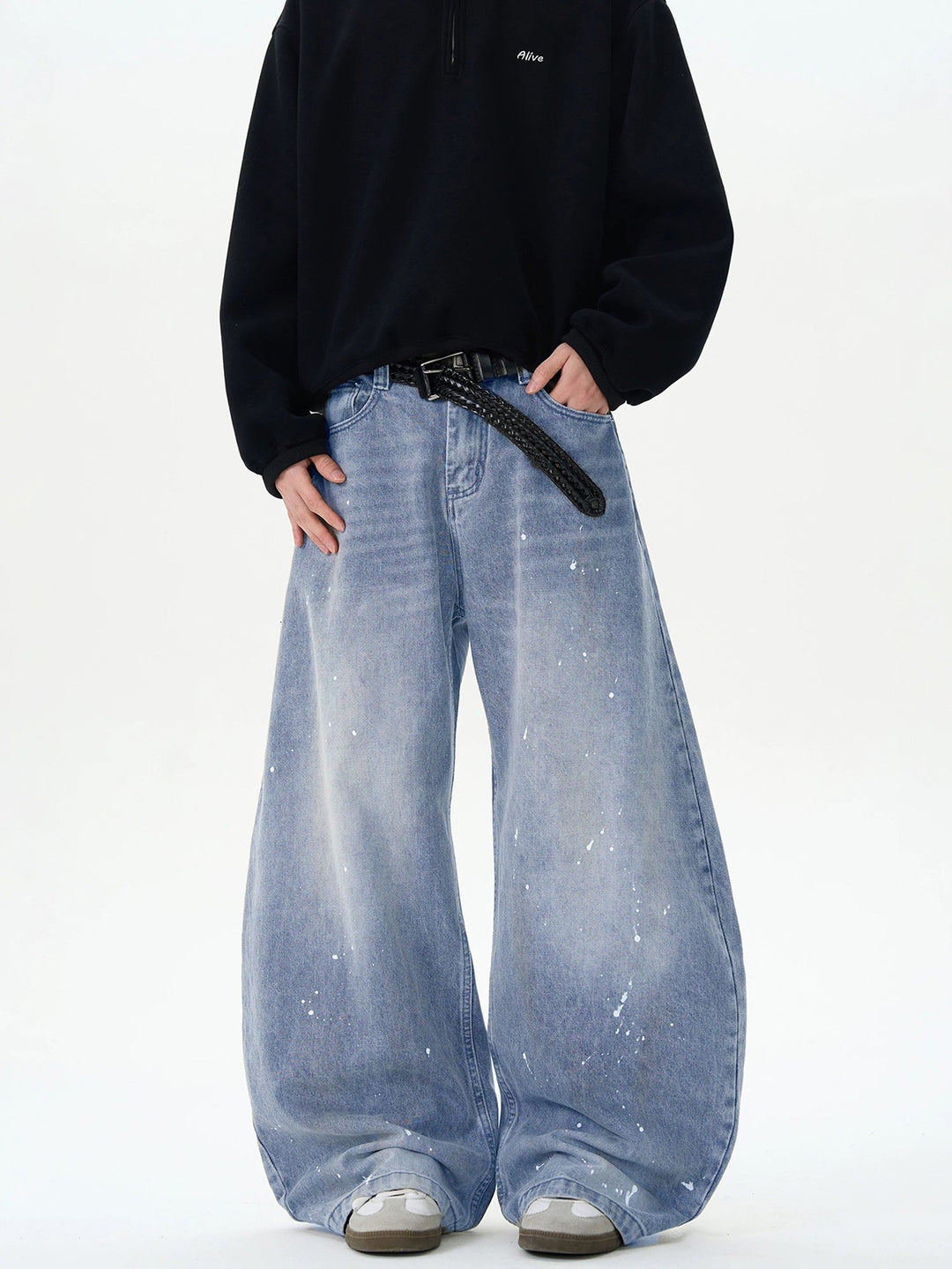 Men's Extra Wide Paint Effect Baggy Jeans with Low Crotch and Used Wash Mune Fashion