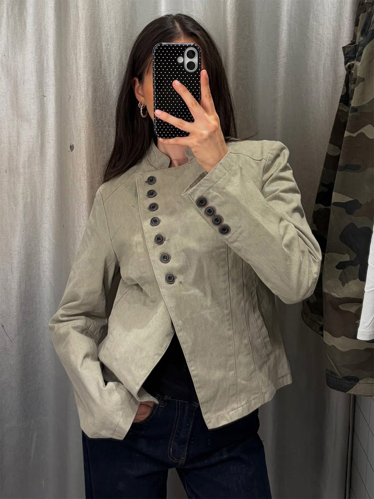 Women Asymmetrical Short Jacket with Double Decorative Button Placket and Stand Collar Mune Fashion