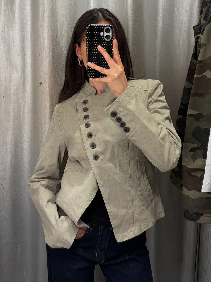 Women Asymmetrical Short Jacket with Double Decorative Button Placket and Stand Collar Mune Fashion