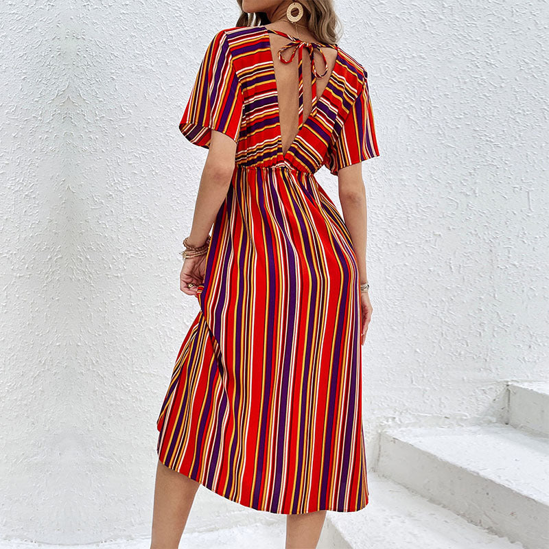 Women's Striped Midi Dress with V-Neck, Button Placket and Waist Gathered Mune Fashion