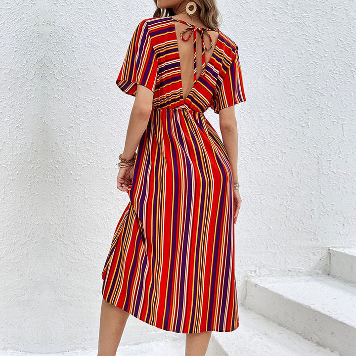 Women's Striped Midi Dress with V-Neck, Button Placket and Waist Gathered Mune Fashion
